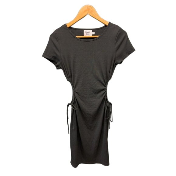 Princess Polly Women’s US 8 Black Ribbed Bodycon Dress Ruched Sides Tie Mini - Picture 1 of 8